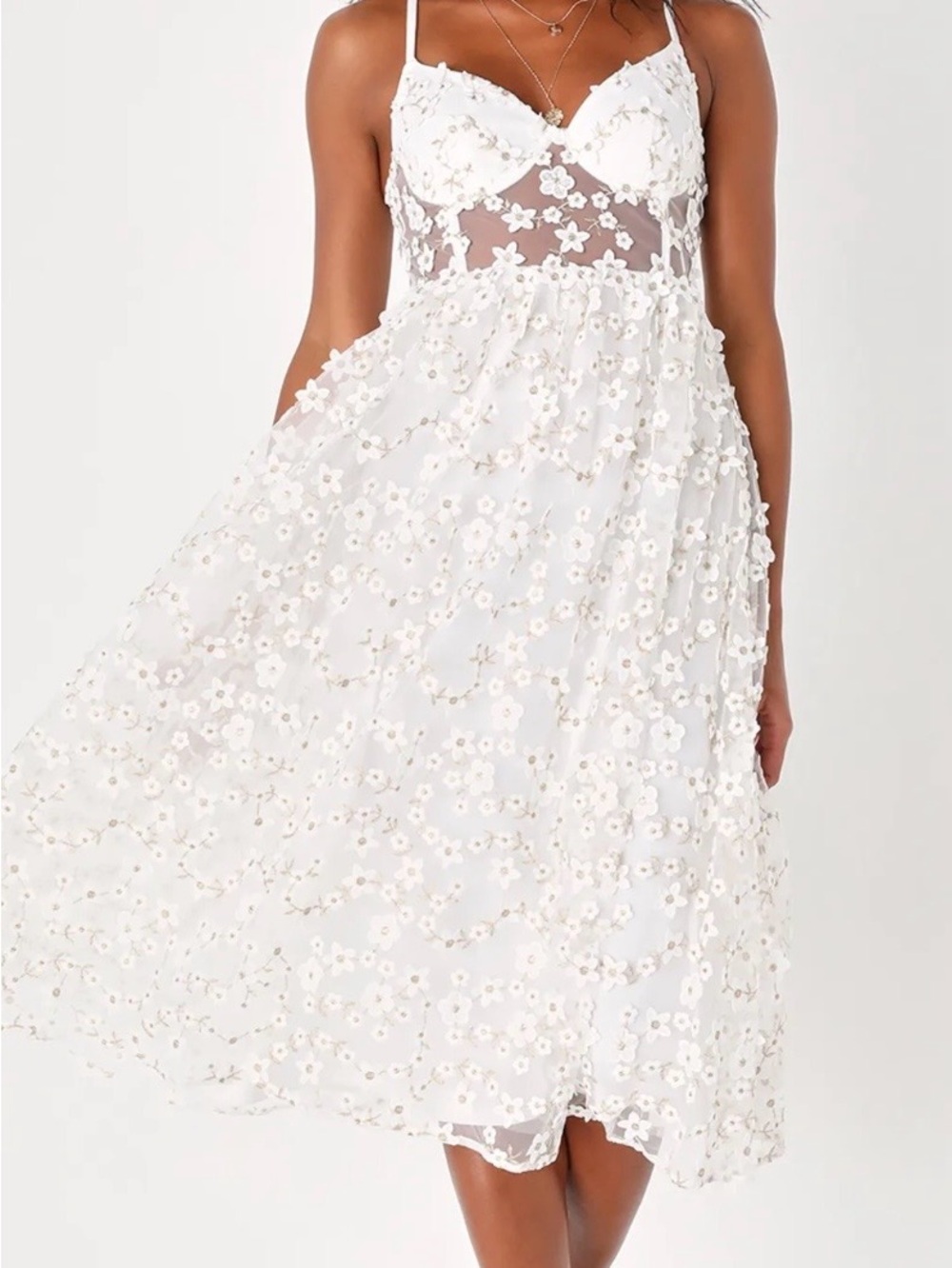 Darling Romance White Tulle Floral Applique Bustier Midi Dress - Lulus size S